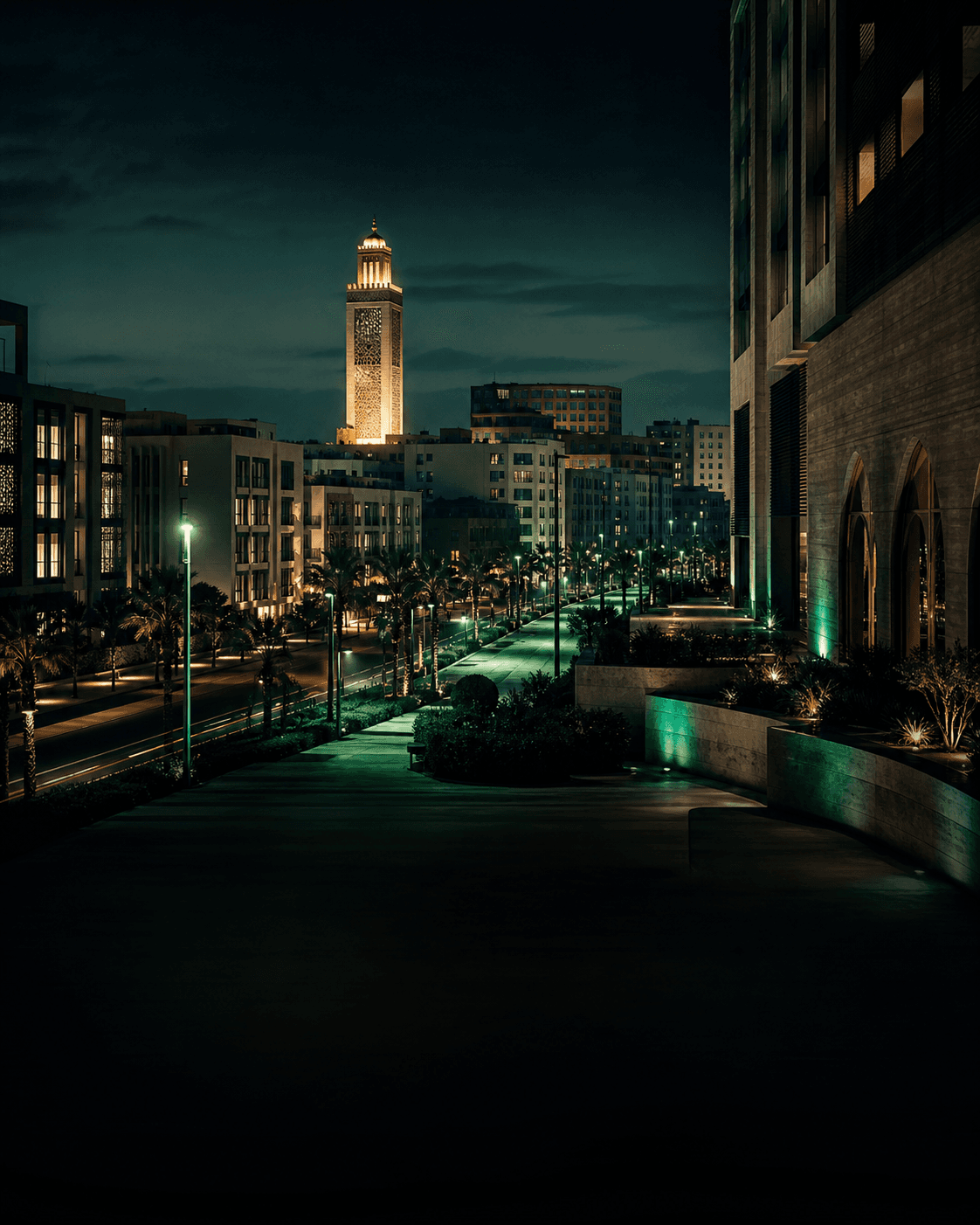 Illuminated streets and architecture in an urban nightscape