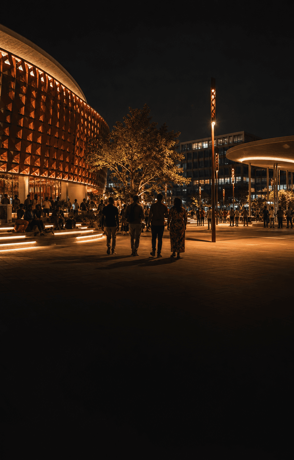 People sharing a public space at night