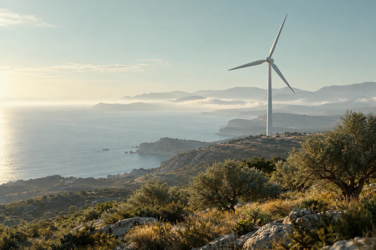 A sculptural wind turbine above a misty coastline and olive trees