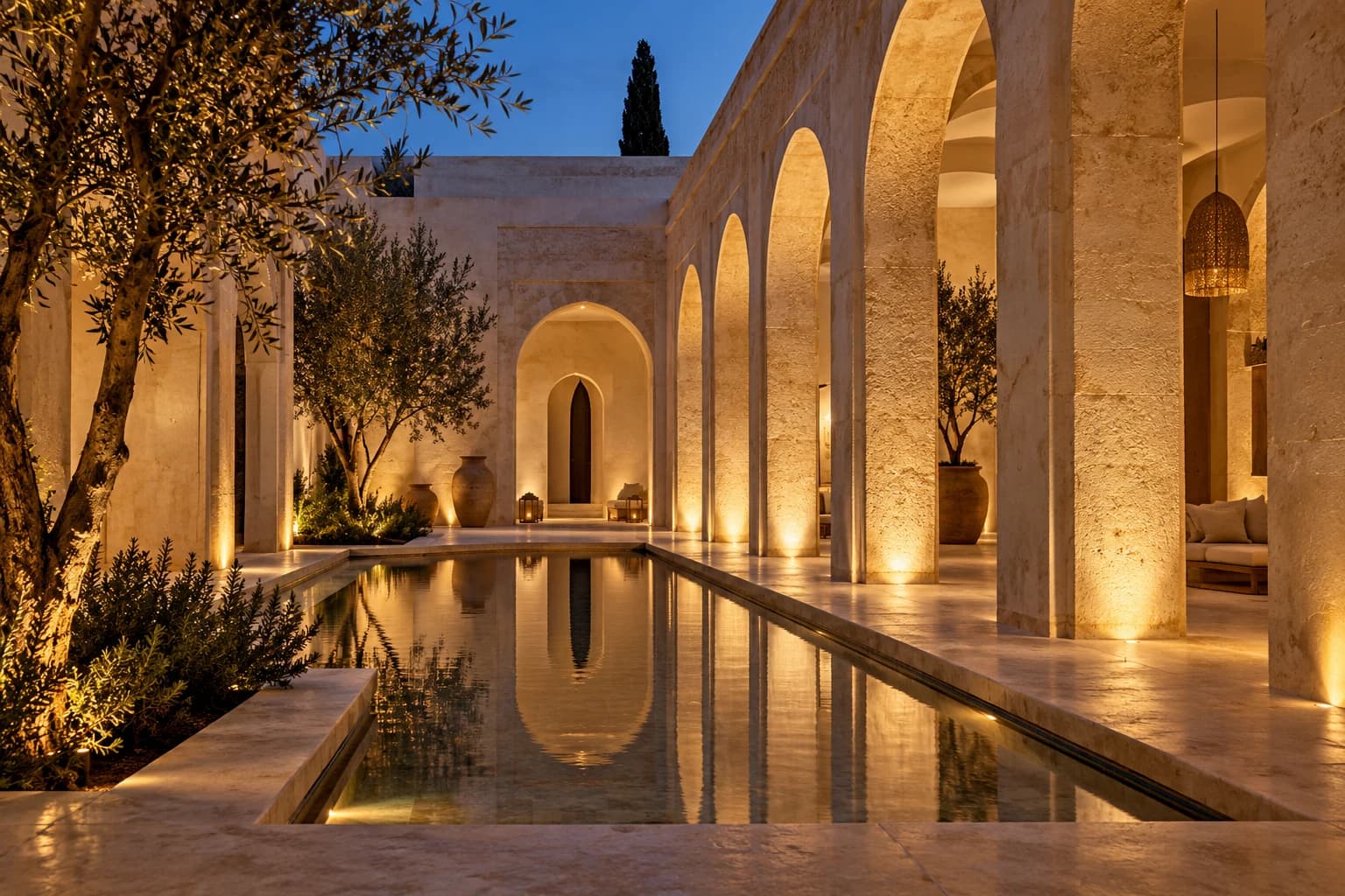 Warm architectural lighting reflected in a Moroccan-inspired courtyard pool